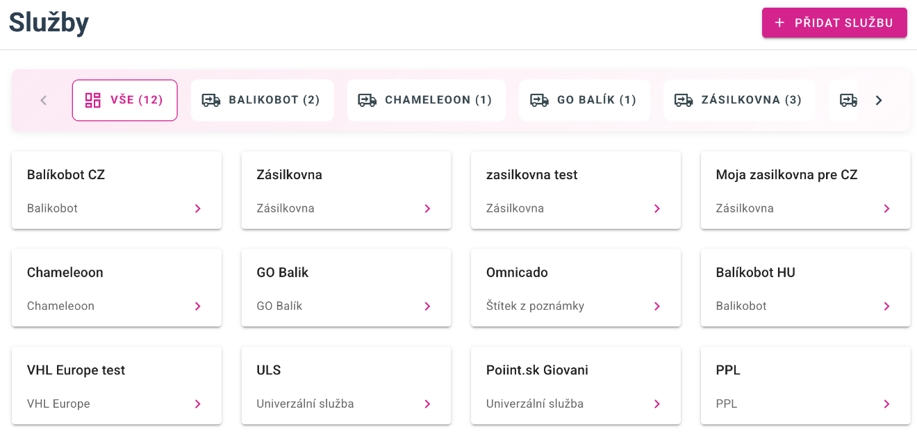 Přepravní služby rozdělené podle typu