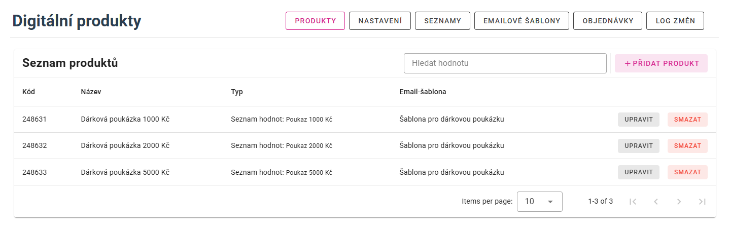 Seznam produktů – přehled digitálních produktů.