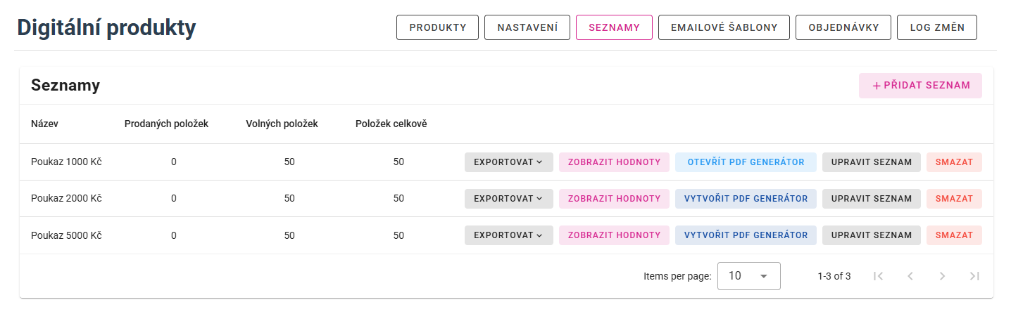 Seznamy – přehled seznamů voucherů s akcemi.