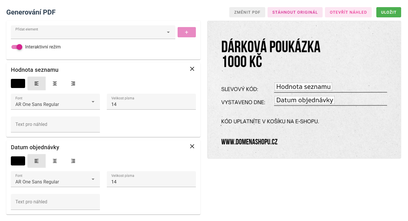 Generování PDF – editor šablony voucheru s náhledem.