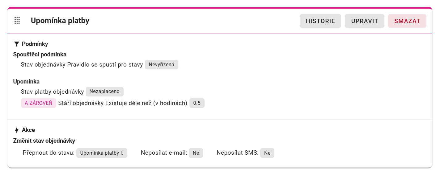 Upomínka platby - pravidlo pro automatické urgování neuhrazených objednávek